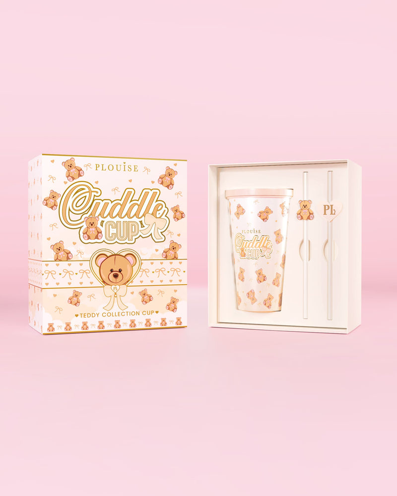 Afbeelding van de P.Louise Teddybeer Steel Cuddle Cup Tumbler & Rietje in verpakking met teddyprint