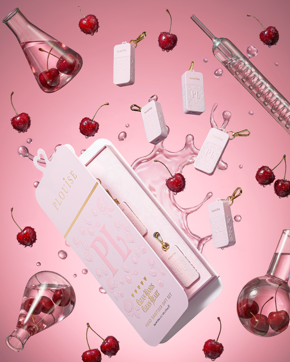 Gigantische roze PR box cadeauset met 5 roze P.Louise handdesinfectiesprays in verschillende kersengeuren