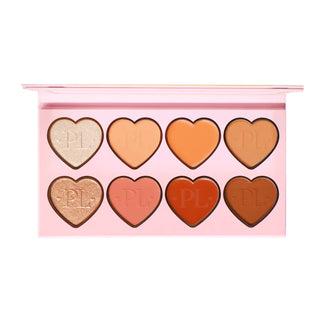 An image of the P.Louise All Over The Place Face Palette with various colour shades on display in love-heart shapes