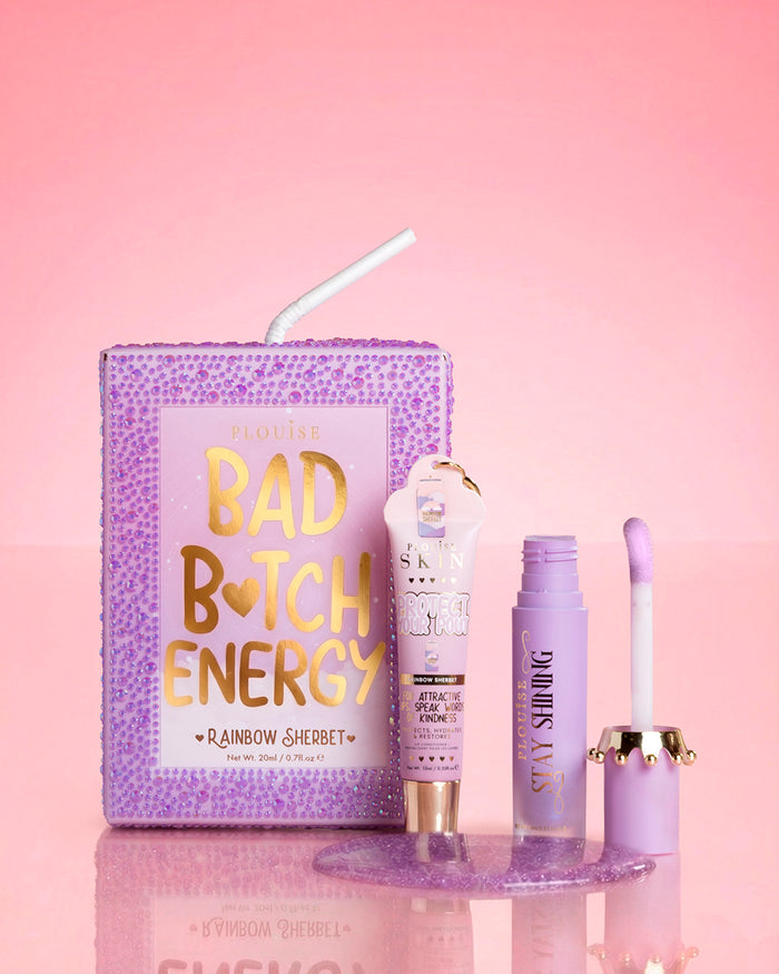 Paars P.Louise kristal glitter bad bitch energie lip duo in regenboogsorbet met een glanzende lipolie en lipconditioner