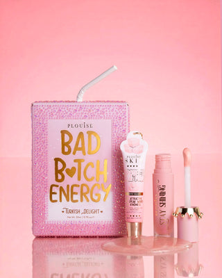 Pink P.Louise crystal glitter bad bitch energy lip duo in rainbow sherbet featuring a glossy lip oil and lip conditioner