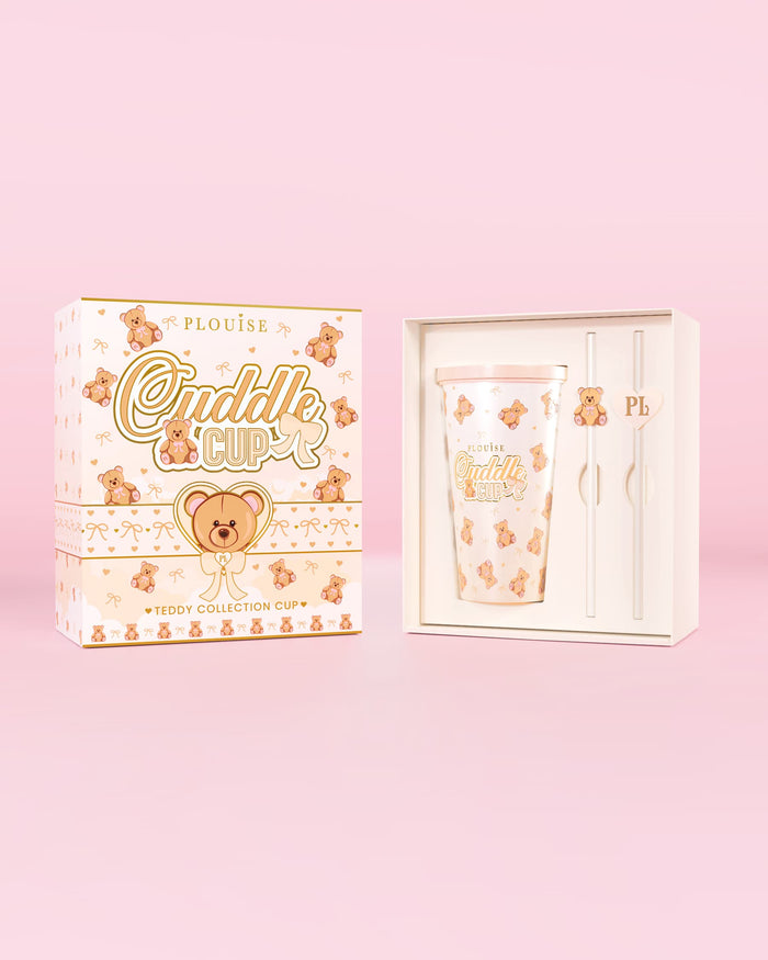 Image of the P.Louise Teddy Bear Steel Cuddle Cup Tumbler & Straw in packaging with a teddy print design