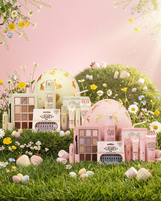 Both P.Louise Beauty Easter Eggs with cosmetic products arranged in a garden setting with flowers and grass.