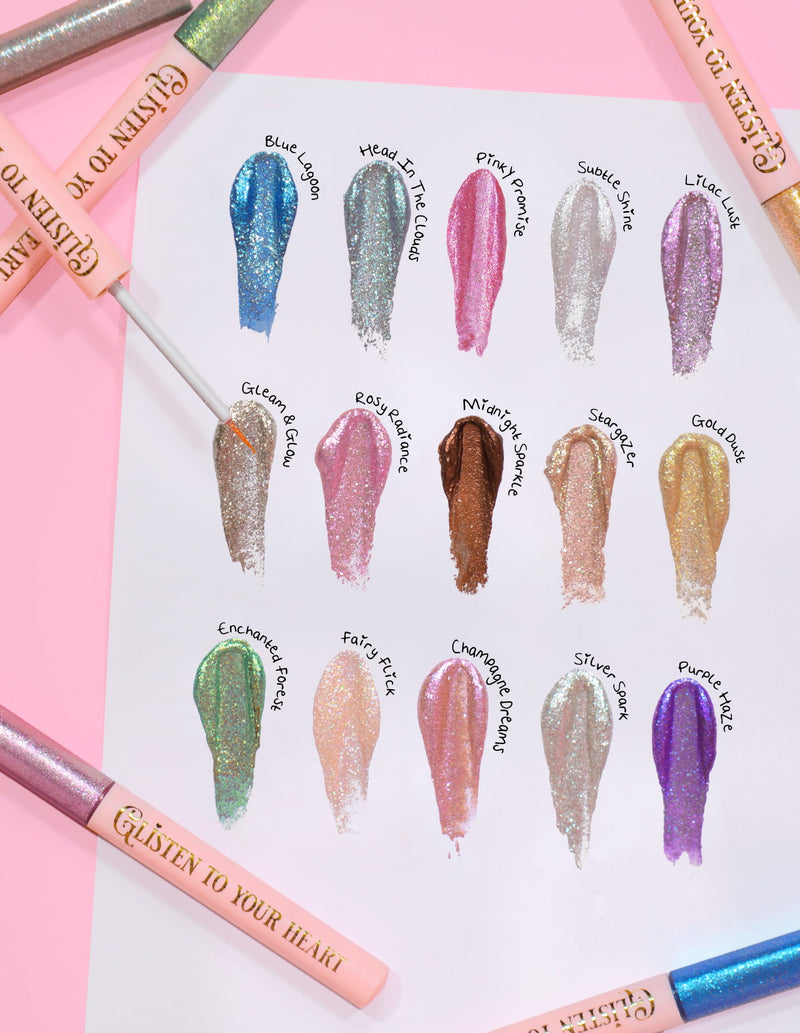 Une gamme d'échantillons d'eye-liner pailletés de P.Louise dans différentes couleurs, présentés sur une carte, avec le nom de chaque teinte écrit à côté.