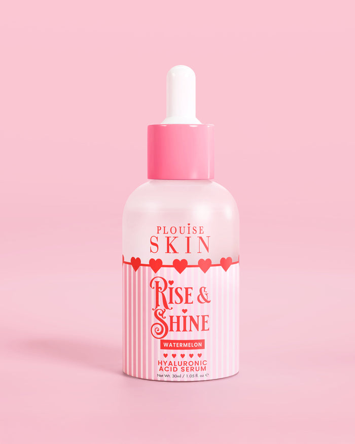 Flacon rose rouge et blanc de sérum P.Louise Rise & Shine Hyaluronic Acid à la pastèque