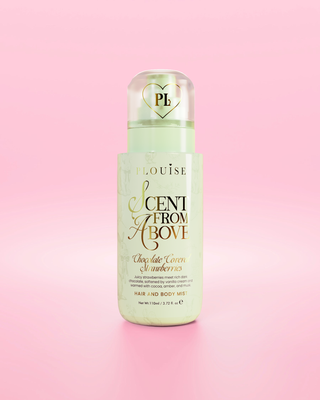 Green bottle of P.Louise Scent From Above hair and body mist in chocolate covered strawberries