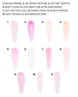 A numbered colour swatch chart showing eleven pale pink and nude-toned lip oil swatches labelled with names such as Boujee Baddie, Watermelon Whip, Nude Mood, and Peach Purpose on a white background.