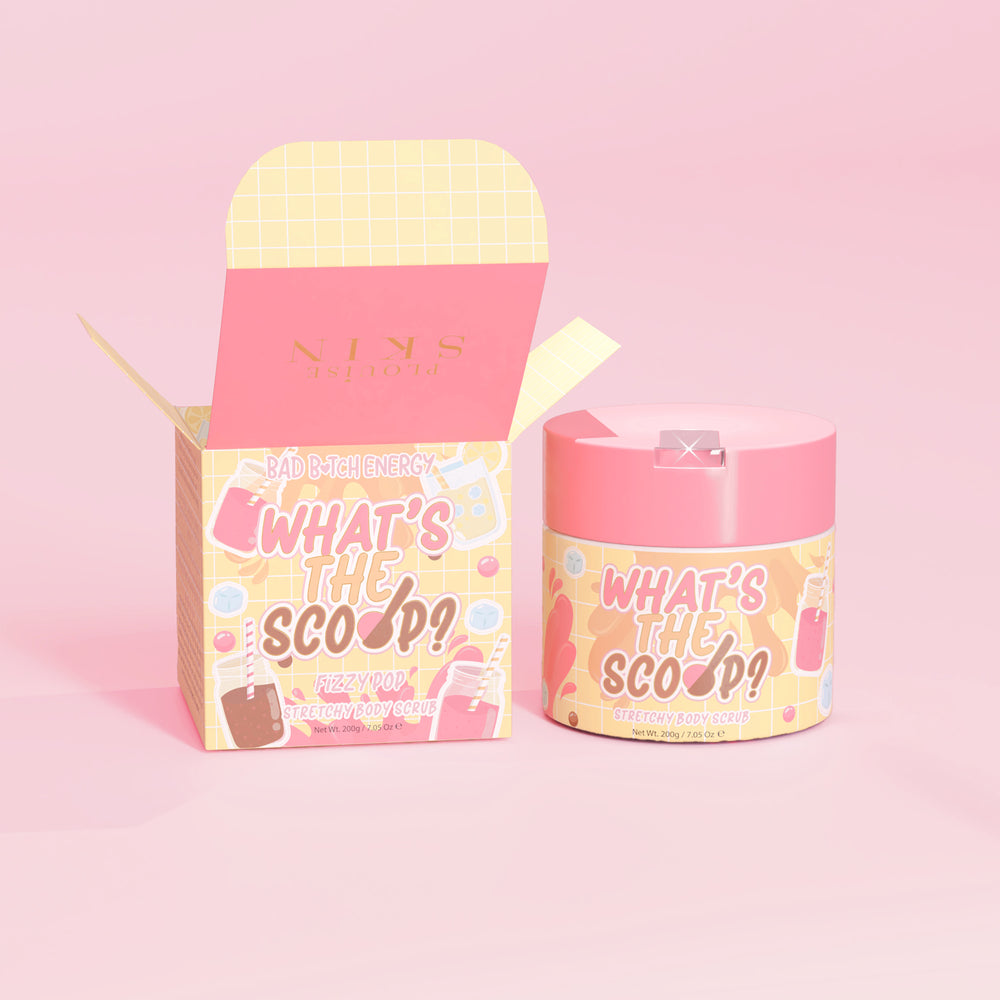 P.Louise 'Wat is de primeur?' rekbare bodyscrub in bruisende popgeur met een bruisende pop-designverpakking op een roze achtergrond