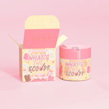 P.Louise 'Wat is de primeur?' rekbare bodyscrub in bruisende popgeur met een bruisende pop-designverpakking op een roze achtergrond