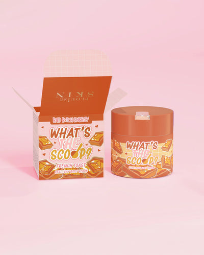P.Louise « Quel est le scoop ? » gommage corporel extensible au parfum de toast français avec un emballage design de pain grillé français sur fond rose