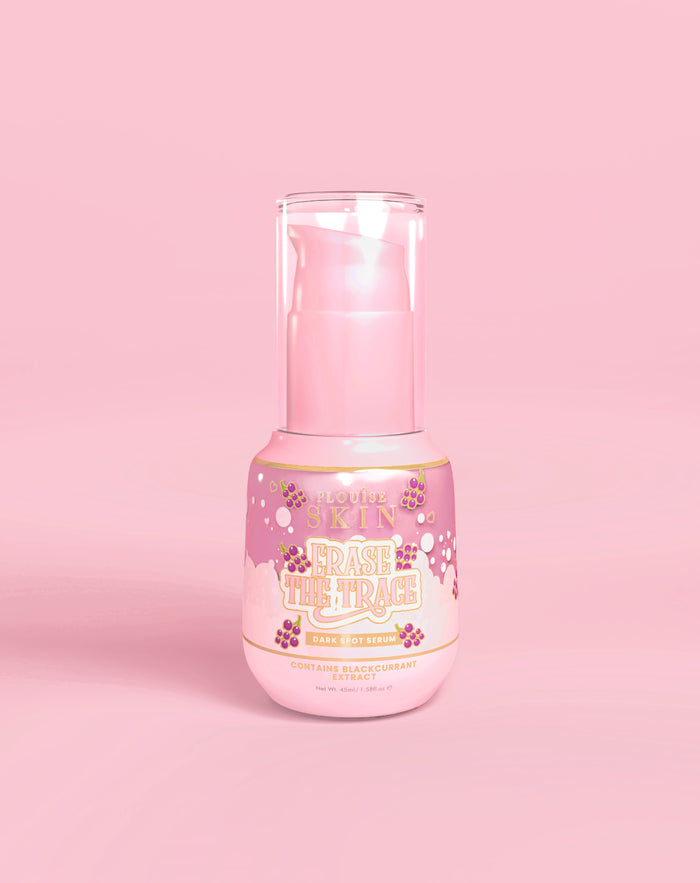 Flacon rose de Sérum Correcteur de Taches P. Louise Erase The Trace sur fond rose