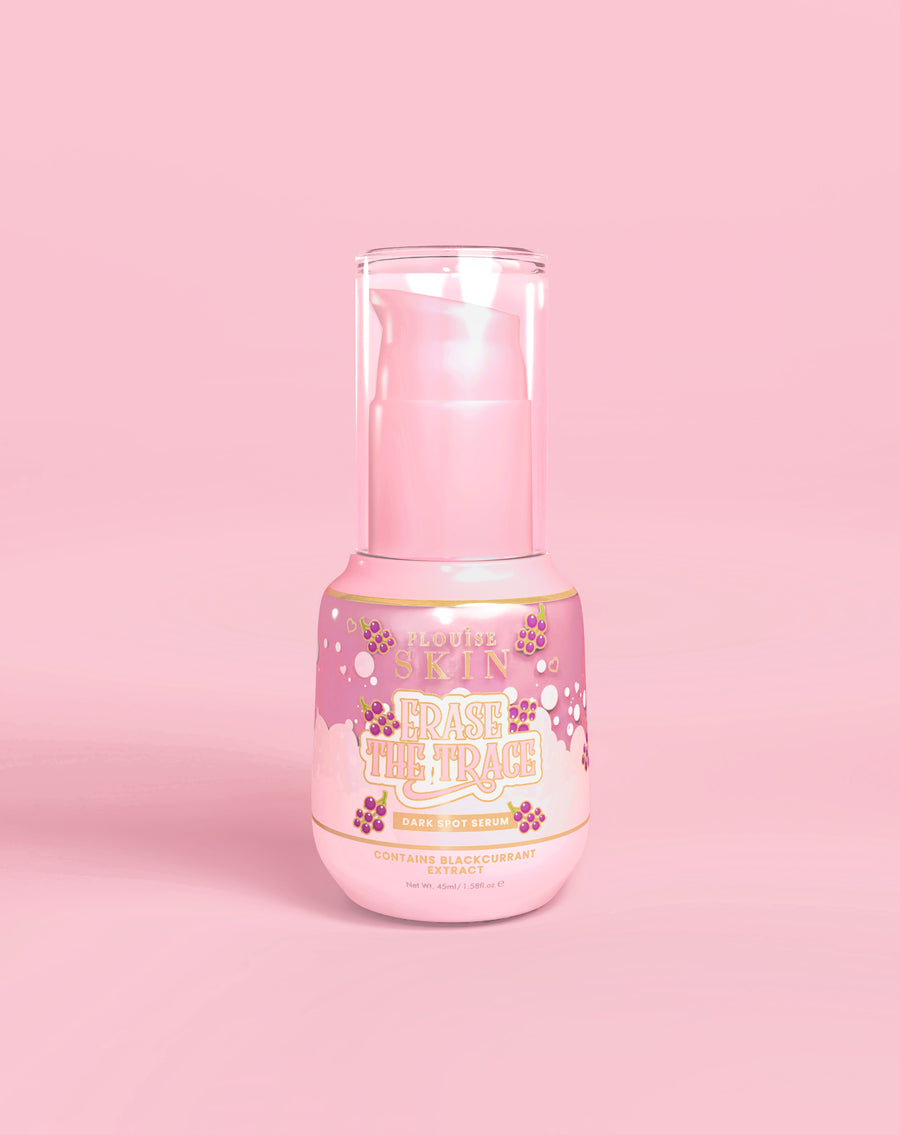 Flacon rose de Sérum Correcteur de Taches P. Louise Erase The Trace sur fond rose