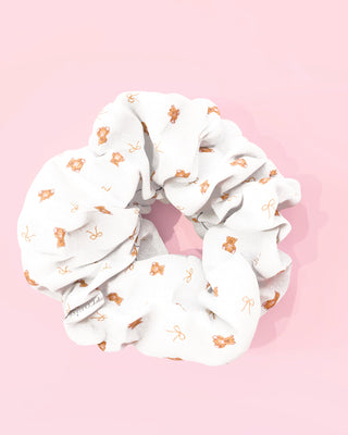 Womens white scrunchie with medium sized teddy bear print